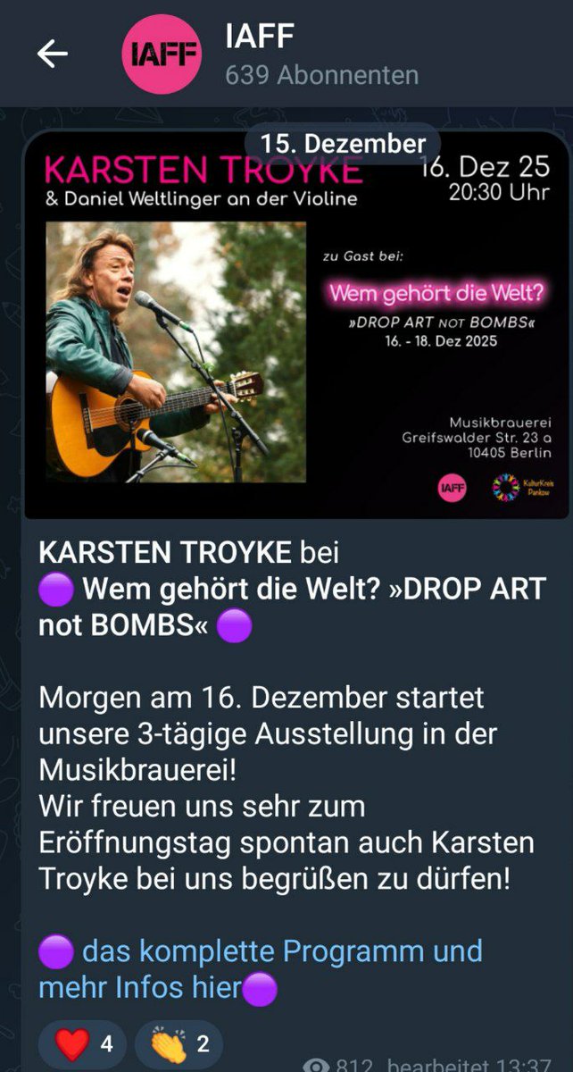 reclaimrosalux1's tweet photo. nicht nur in pberg!😱
1/4
#b1612, #b1712 & #b1812 2025 findet in der #musikbrauerei
die ausstellung von #kulturkreispankow & #iaff statt. unter anderen trat der klesmer-interpret & bekannte 🤡 #karstentroyke auf.
unsere ankündigung mit hintergründen:
https://t.co/BFHUtgyvGx https://t.co/J4YrH8BmC4