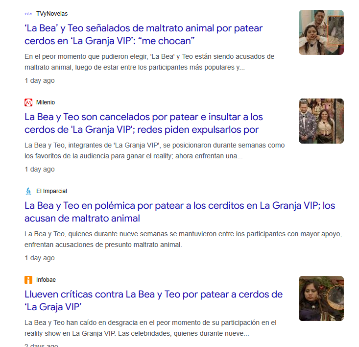 Logramos que el maltrato animal en #LaGranjaVIP se hiciera viral y ahora Bea, Teo y Patrón están megafunadísimos en medios; TVNotas, TvYNovelas, Milenio, Revista Fama, ExaFM, etc. Por fin están pagando todo lo que le hicieron a nuestro Eleazar de México. 😌Qué rico se siente.😝😛