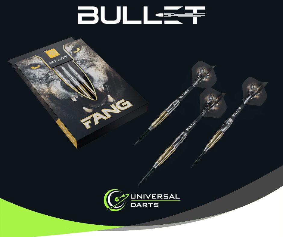 Introducing the brand NEW Fang Darts from BULLET — available now at Universal Darts.

Featuring a striking gold and silver tapered design inspired by a wolf’s tooth, the Fang Darts are built for precision, control, and aggressive accuracy. Sharp aesthetics meet elite performance
