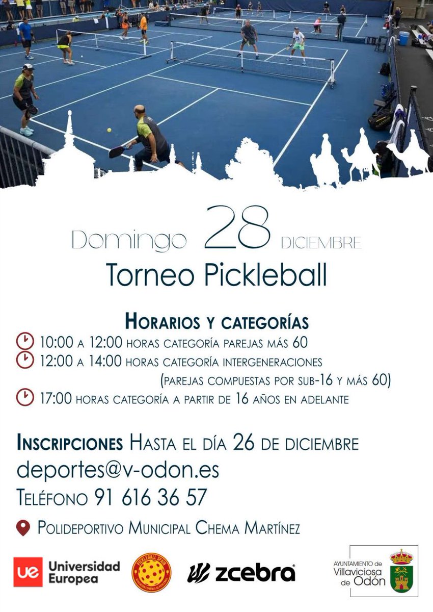TORNEO PICKLEBALL NAVIDAD 2025
28 de diciembre
PM Chema Martínez
Horarios y categorías:
- 10:00 a 12:00 h. parejas más 60.
- 12:00 a 14:00 h. intergeneraciones.
- 17:00 h. a partir de 16 años.
Inscripciones: deportes@v-odon.es
<a href="/Aytovilladeodon/">Ayuntamiento de Villaviciosa de Odón</a> <a href="/DeportesVilla/">Concejalía de Deportes Villaviciosa de Odón</a>