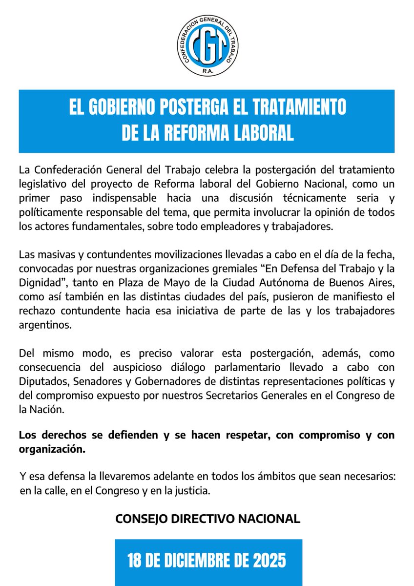 La organización y la movilización dieron resultado: el Gobierno postergó el tratamiento de la reforma laboral.
Los derechos se defienden con unidad, compromiso y presencia en la calle.
Comparto el comunicado de la <a href="/cgtoficialok/">CGT</a>
