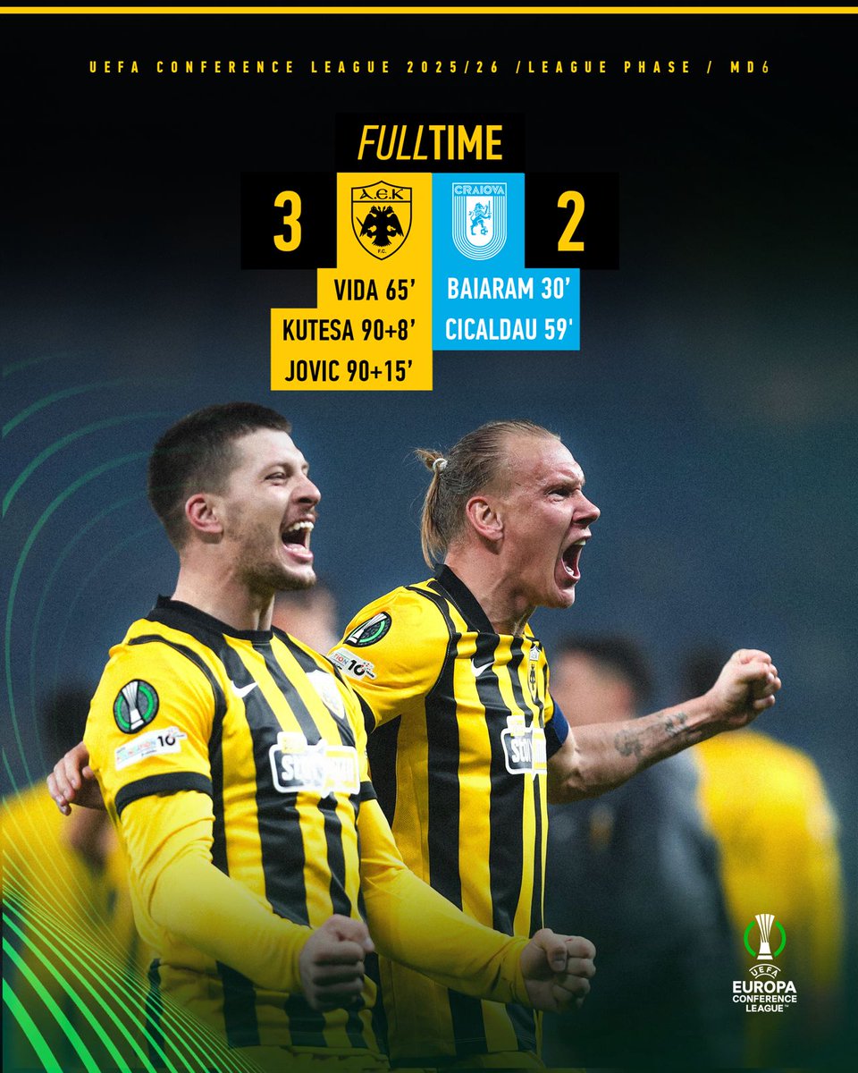 AEK_FC_OFFICIAL's tweet image. Λήξη του αγώνα: ΑΕΚ – Κραϊόβα 3-2! Η ΑΕΚ περνάει απευθείας στους «16» του UEFA Conference League!!!
#aekfc #aekfcseason2025_2026 #UECL