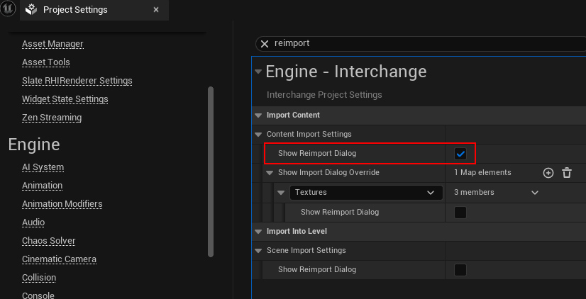GameLevelDesign's tweet image. Get UE5 Mesh Import Dialog on Reimports:

1. Click Import in Content Browser. Choose same mesh to reimport you already have. Import options will open.

2. In Project Settings-Engine-Interchange, enable Show Reimport Dialog. this will open Import options every time you reimport.