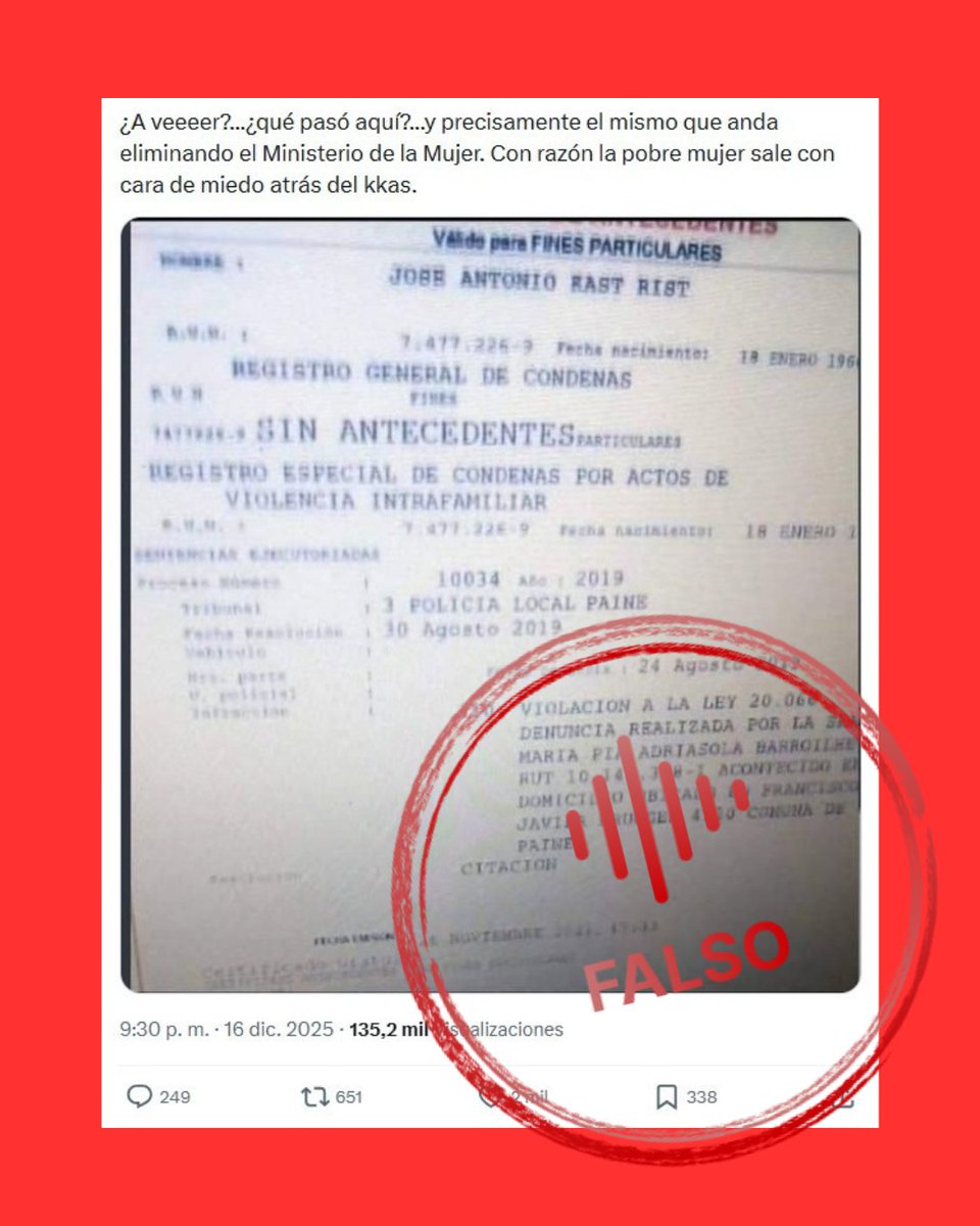 🛑FALSO: Certificado de antecedentes de José Antonio Kast que muestra denuncia por violencia intrafamiliar es falso.

Puedes revisar nuestra verificación en extenso en el sitio web.