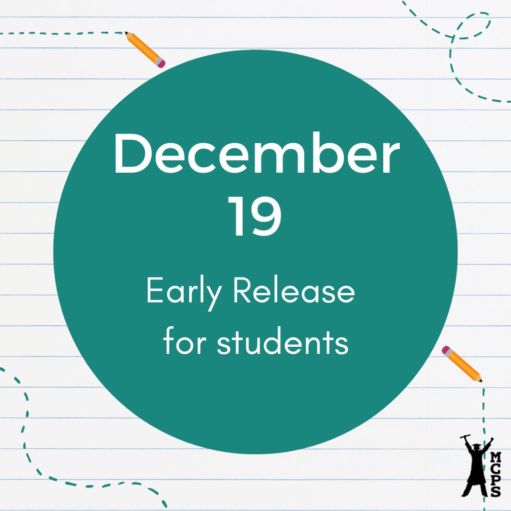 mcps_va's tweet image. Friday, December 19, is an early release day for all students. Middle and high schools will dismiss at 12:20 p.m. and elementary schools will dismiss at 1:15 p.m.

#WeAreMCPS