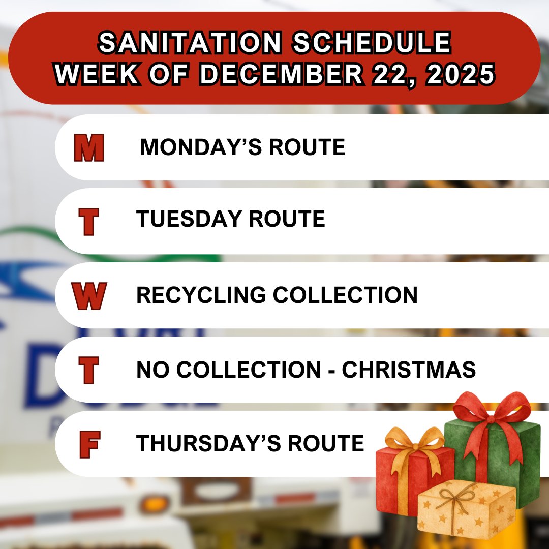 FDCITY's tweet image. 🗑️ Holiday Trash Update: Thursday pickups move to Friday, Dec 26! 🎄 Remember, wrapping paper isn't recyclable. Toss it with regular trash. Keep those bins happy!