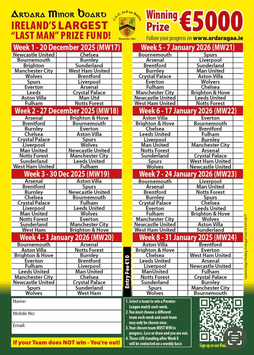 Only 2 days left until Our Last Man Comp starts on Sat. €5000 prize.!Online entries on this link klubfunder.com/Clubs/CLG_Ard_…, send your teams to donearley13@gmail.com or by sending €10 &amp; your 8 teams by Revolut to +353 (87) 671 5829. <a href="/officialdonegal/">CLG Dhún na nGall</a> <a href="/officialgaa/">The GAA</a> <a href="/ArdaraGAA/">CLG Ard an Rátha/Ardara GAA & LGFA</a>