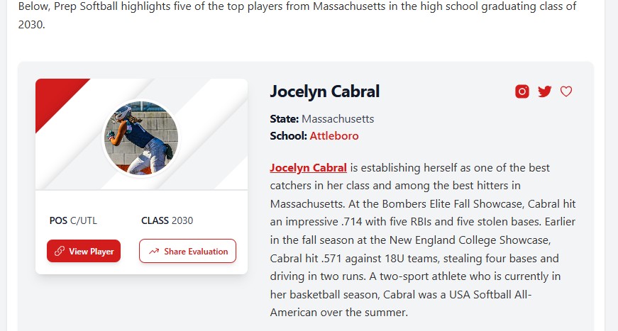 <a href="/KaylaLombardo11/">Kayla Lombardo</a> <a href="/jackwchurch/">Jack Church</a> Thank you for recognizing me and my All-American teammates <a href="/AmicoDevyn3315/">Devyn Amico</a> @delaneybuckley as top 2030 prospects to watch from Massachusetts! 🥎✨

I’m so excited to continue my softball journey and represent the Northeast consistently at the highest