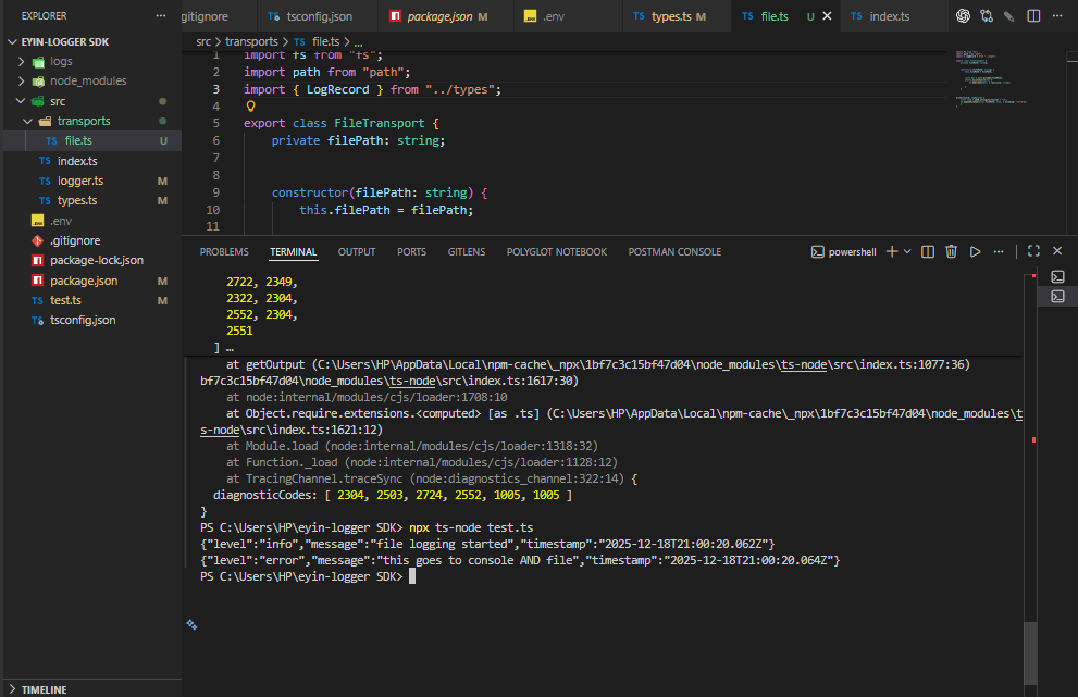 i_am_anon4's tweet image. eyin-logger is getting real. 🏗️

Today I moved from "Hello World" to actual architecture.

✅ Implemented Transport System ✅ Simultaneous Console + File logging ✅ Enterprise config merging (Env vars + Defaults)

The foundation is set. v0.1.0. 🚀

#TypeScript #BuildInPublic
