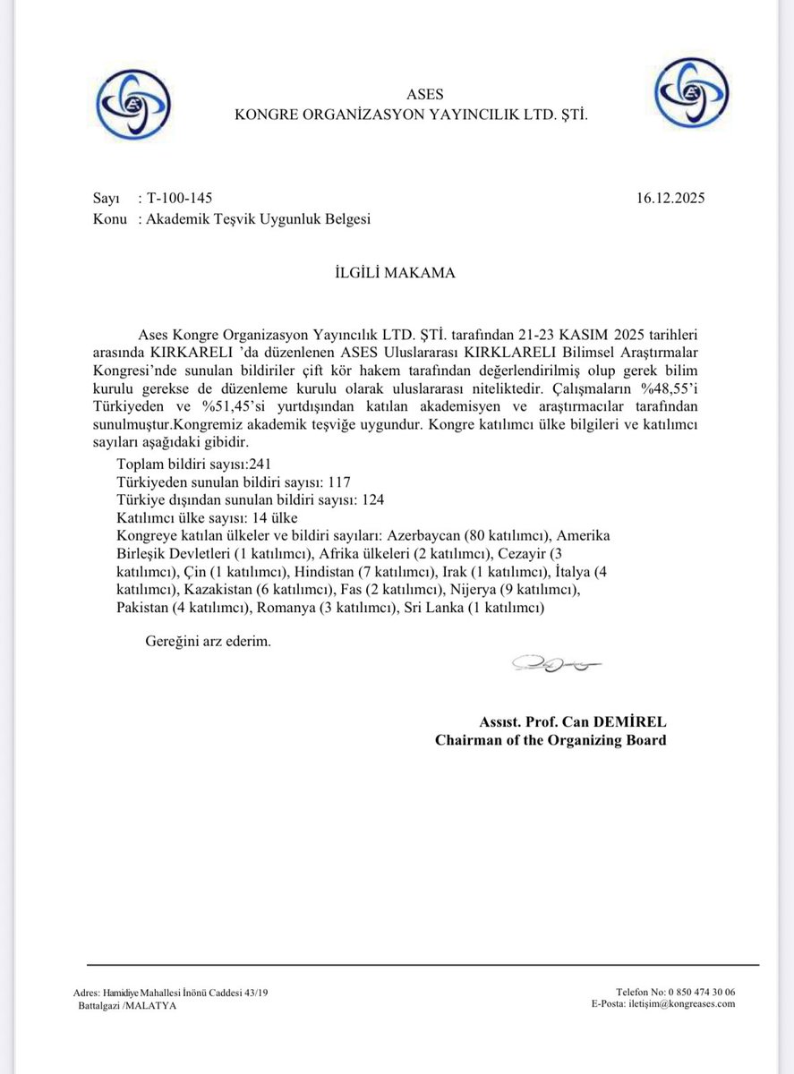 Hakemlik sürecinden geçen çalışmalar bilim dünyasına kazandırılmış, Bildiri Kitabımız yayınlanmıştır. 

📖 Editör: Assist. Prof. Dr. Can Demirel
📚 ISBN: 978-625-92930-3-5

asescongress.com/wp-content/upl…