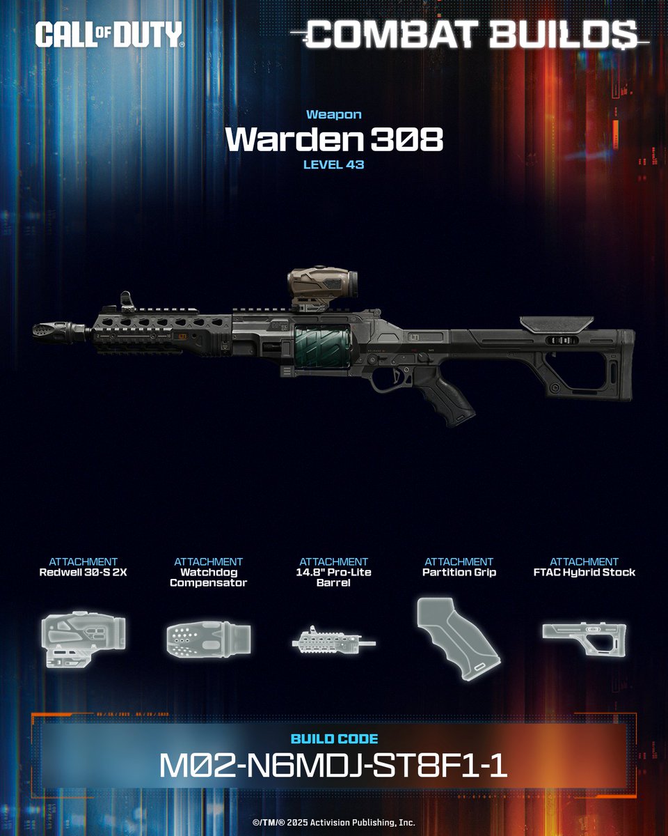 Stephen_VR's tweet photo. A balanced Warden 308 build focused on smooth, controllable recoil for steady shots every fight 🎯

💥 Equip this build now ➡️ M02-N6MDJ-ST8F1-1 #CallOfDuty #CODCombatBuilds https://t.co/BWC0XE7QdX