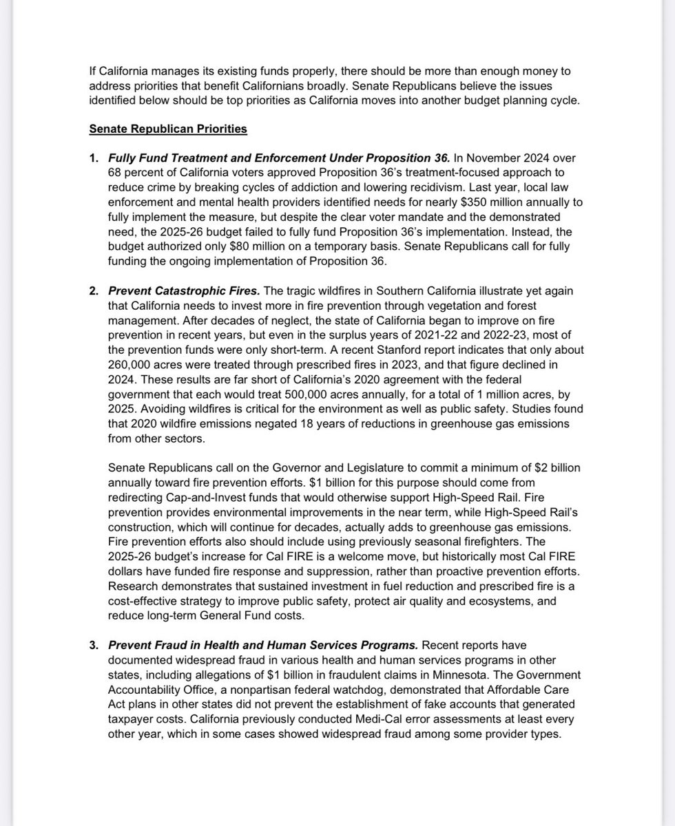 EytanWallace's tweet photo. NEW: State Senate Republicans @CASenReps send California Gov. @GavinNewsom @CAgovernor, Senate President Pro Tem @MoniqueLimonCA (D-Santa Barbara), and Assembly Speaker @CASpeakerRivas (D-Salinas) a letter, laying out GOP senators’ spending priorities. The letter also urges Democratic leaders to review outcomes of previous spending and programs ahead of next year’s budget.

“California’s problems stem from wasteful and poorly targeted spending that benefits narrow groups and lacks accountability,” the letter reads. 

Among CA Senate Republicans’ spending priorities: 

*Prop 36 drug treatment
*$2 billion fire prevention
*Extension of the renters tax credit
*Water storage
*Funding for distressed hospitals

Letter here: