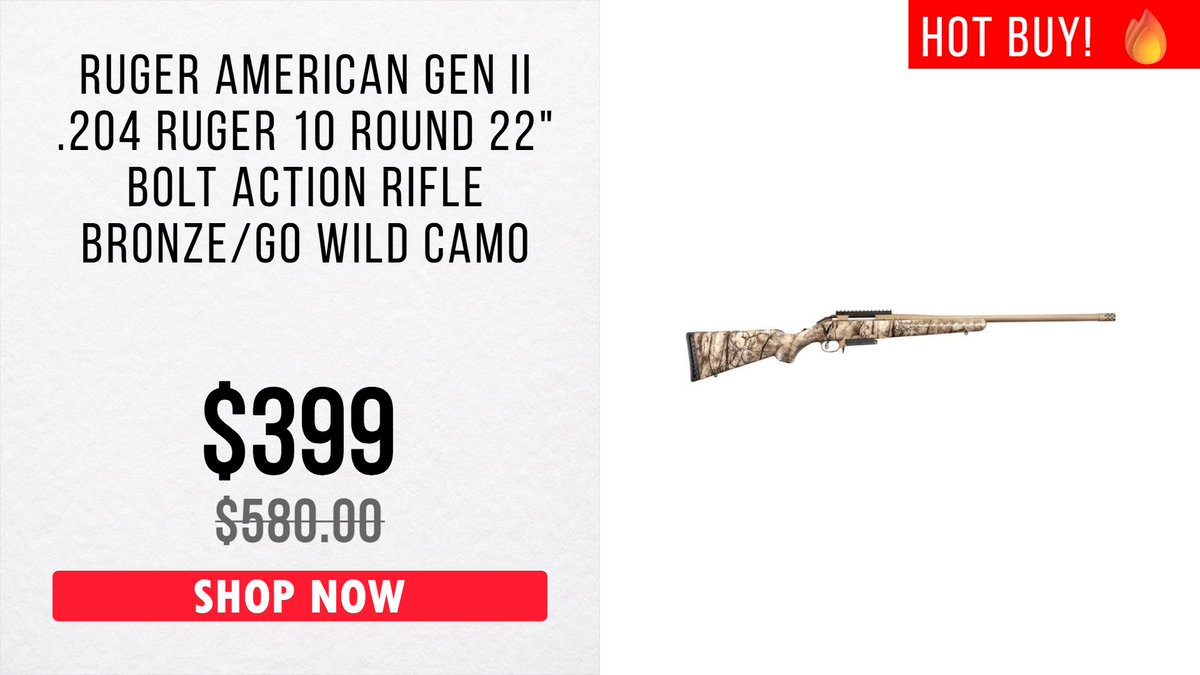 gradysoutdoors's tweet photo. RUGER AMERICAN GEN II .204 RUGER BOLT ACTION RIFLE

WAS $580 NOW $399 

BUY HERE: https://t.co/NadQQ0LqCq https://t.co/9sGviNZZGJ