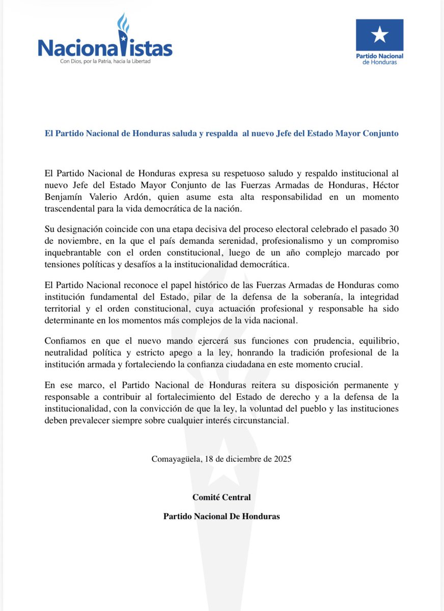 El Partido Nacional de Honduras expresa su respaldo institucional al nuevo Jefe del Estado Mayor Conjunto, confiando en que ejercerá su mandato con profesionalismo, neutralidad política y estricto apego a la Constitución. En este momento crucial para el país, la firmeza