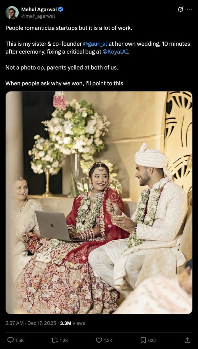 harshith's tweet image. I genuinely believed this post at first.

A founder’s sister fixing a critical bug just 10 minutes after her wedding.

“Startup grind. Parents angry. We still won.”

It went viral and pulled millions of views.

But this image is AI-generated. You can see it.

This is what…