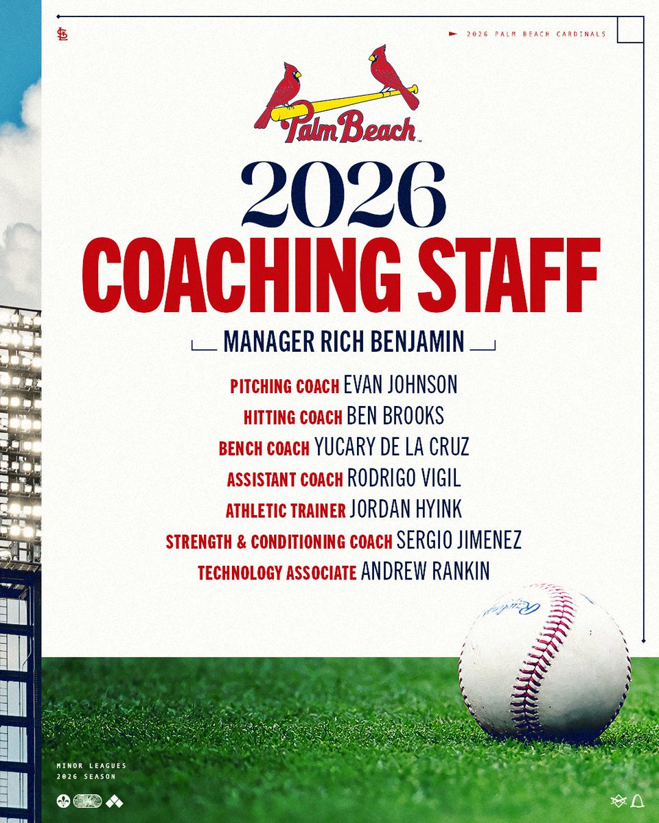 CardsPlayerDev's tweet photo. Rich Benjamin will take over as the new Manager for Palm Beach after serving as the FCL Cardinals Bench Coach last season.

He is joined by Yucary De La Cruz and newcomers Evan Johnson, Ben Brooks &amp; Rodrigo Vigil. https://t.co/5AqugFliCs