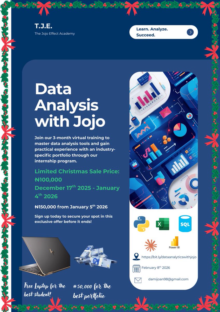 sheddygood's tweet photo. Want to earn 6-figures as a Data Analyst in 2026? 💰

Here's how:
📊 5 Essential Tools: Excel → Power BI → SQL → Python → AI Analytics
🎓 3 Months Live Training (Weekends Only - Flexible for Working Professionals)
💼 1 Month Industry Internship https://t.co/YKTu8e7HBk