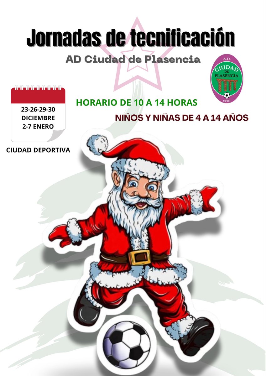 ciudaddeplasenc's tweet photo. 🎄 𝐉𝐨𝐫𝐧𝐚𝐝𝐚𝐬 𝐝𝐞 𝐭𝐞𝐜𝐧𝐢𝐟𝐢𝐜𝐚𝐜𝐢𝐨́𝐧 ⚽️

Durante los días 23-26-29-30 de diciembre y 2-7 de enero tendremos jornadas de tecnificación en la Ciudad deportiva 

⏰ De 10 a 14 horas
📝 Niños y niñas de 4 a 14 años

➡️ Inscripción: https://t.co/r0c9WRNk2r https://t.co/sTBaoRncB1