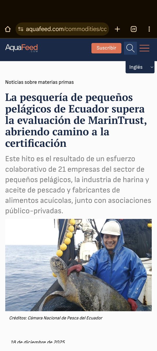 #EnMedios 📰El medio especializado <a href="/Aquafeeddotcom/">Aquafeed.com</a> se hizo eco de la aprobación de la evaluación MarinTrust de la pesquería de pelágicos pequeños del Ecuador, destacando este avance como un hito para la sostenibilidad, la trazabilidad y el acceso a mercados globales.🌎👏🏼

Nota en