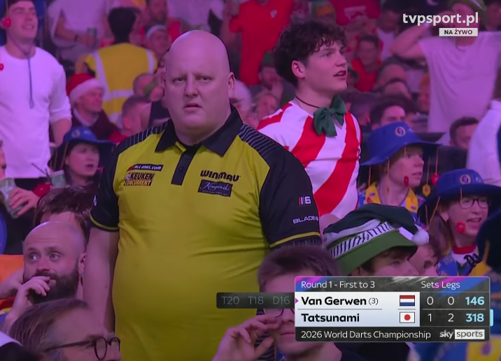 LaczyNasDart's tweet photo. Michael van Gerwen po prawie dwóch setach meczu z Tatsunamim.
#łączynasdart https://t.co/CwBmkQIdzC