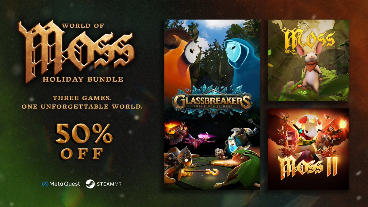 Know someone who needs a bit of magic ✨this holiday season? Dive into the World of Moss with this limited time bundle, featuring classics Moss, Moss II, and Glassbreakers!  

🎀Steam: pulse.ly/fznj83qtms
🎁Meta: pulse.ly/cpuf0jl8mu