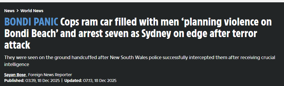 🚨 READ THIS SLOWLY 🚨

Police say seven suspects drove from Melbourne toward Bondi Beach with the intent to carry out a mass-casualty attack.

They were stopped before they arrived.

The target was a memorial.
For Jews murdered by Islamic terrorists.

Pause on that.

Jews were