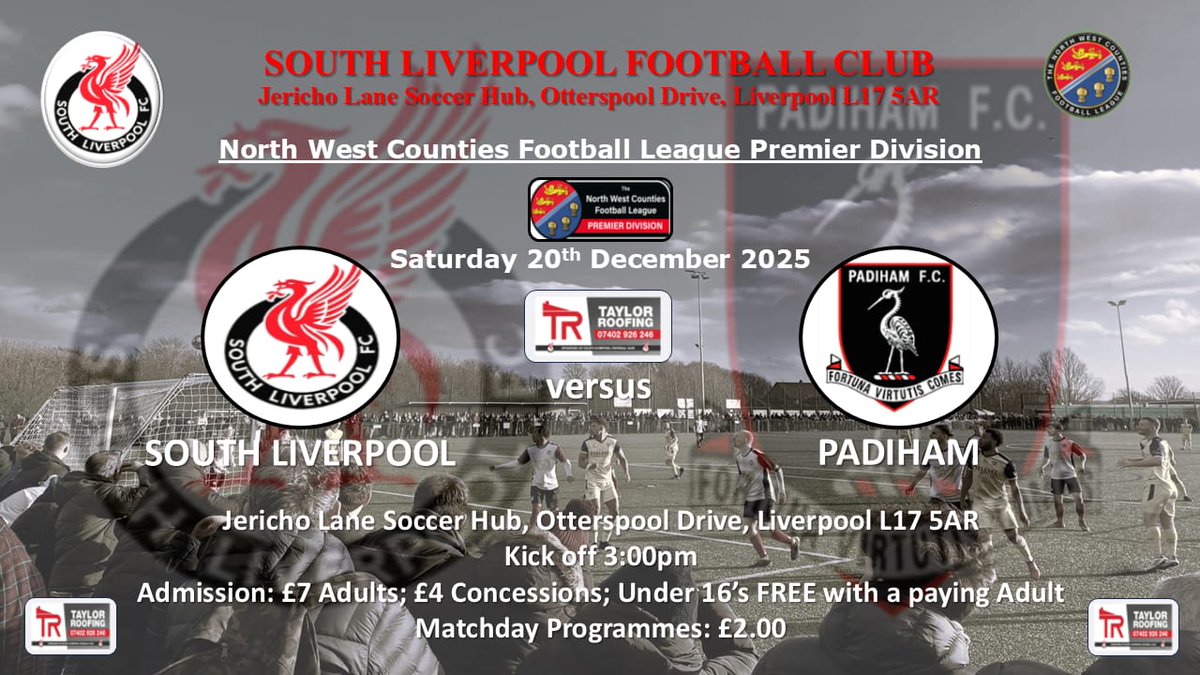 UP NEXT ☃️🎅🎄

📆 Sat 20/12/25
⚽️ <a href="/Padiham_FC/">Padiham Football Club</a>
🏆 <a href="/nwcfl/">The NWCFL ⚽️</a> Premier Division
⏱️ 3:00pm
📌 Jericho Lane Soccer Hub L17 5AR
💰 Admission: £7 Adults; £4 Concessions 
📚 Matchday Programmes: £2
🍴 Cafe located in main Hub building

#supportyourlocalclub 
#ComeOnTheSouth