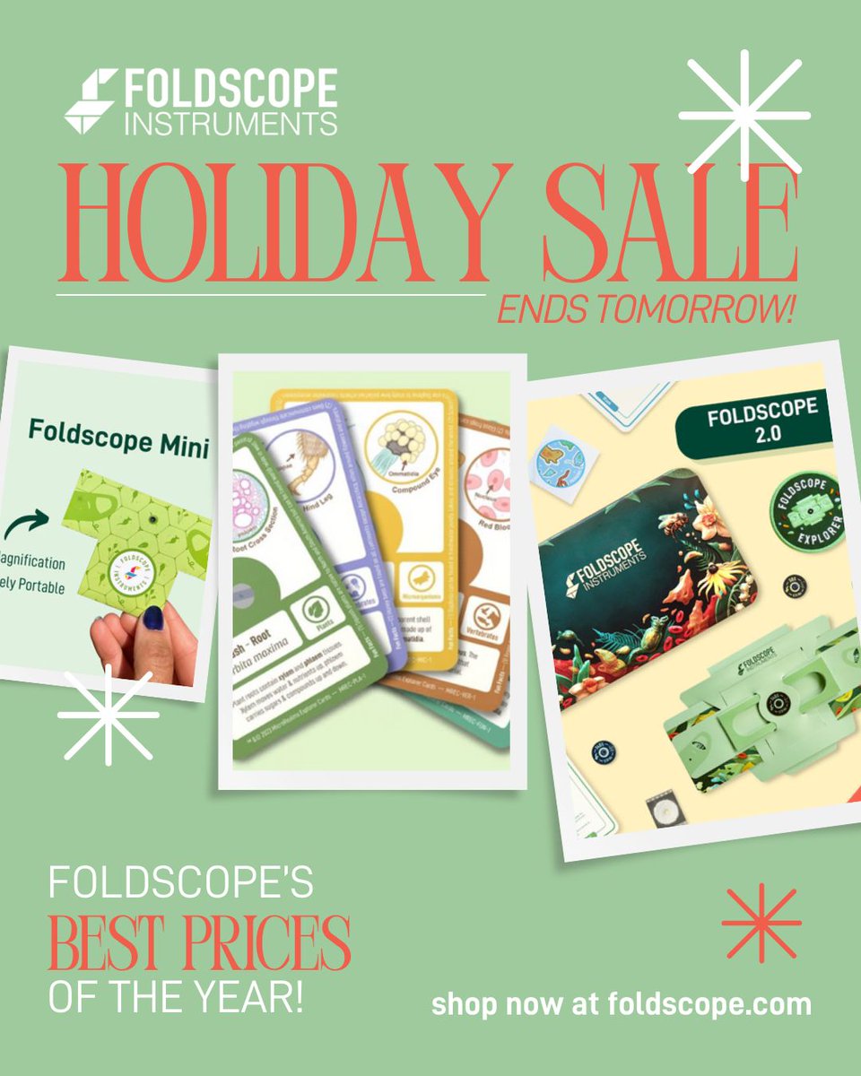 TeamFoldscope's tweet image. ❄️ OUR HOLIDAY SALE ENDS TOMORROW! ❄️

Don't miss your chance to grab Foldscope products and accessories at their best prices of the year!

SHOP NOW before the sale ends at Foldscope.com

#Foldscope #HolidaySale #ScienceGiftInspo