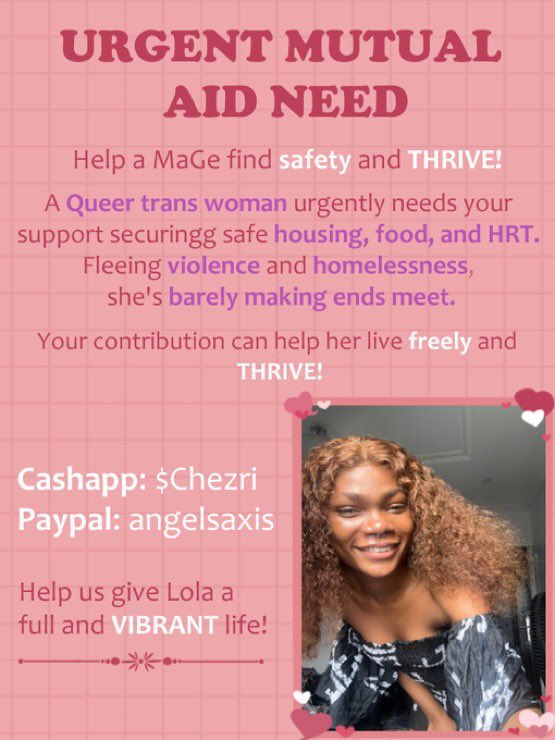 grassfay's tweet image. ‼️urgent‼️

help a black trans woman with housing, food, and hrt

c/a: $Chezri
p@ypal: angelsaxis