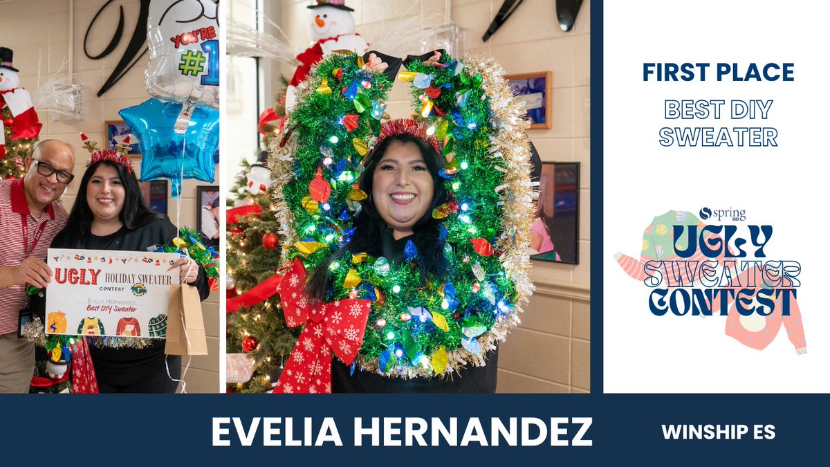 SpringISD's tweet image. Ugly sweaters, standout creativity. 🎄
Congrats to the 2025–26 Spring ISD Communications Ugly Sweater Contest winners:
🏆 Group Sweater Photo: Curriculum and Instruction
🏆 Best Ready-Made Sweater: Natalia Marrero, Technology
🏆 Best DIY Sweater: Evelia Hernandez, Winship ES
🏆…