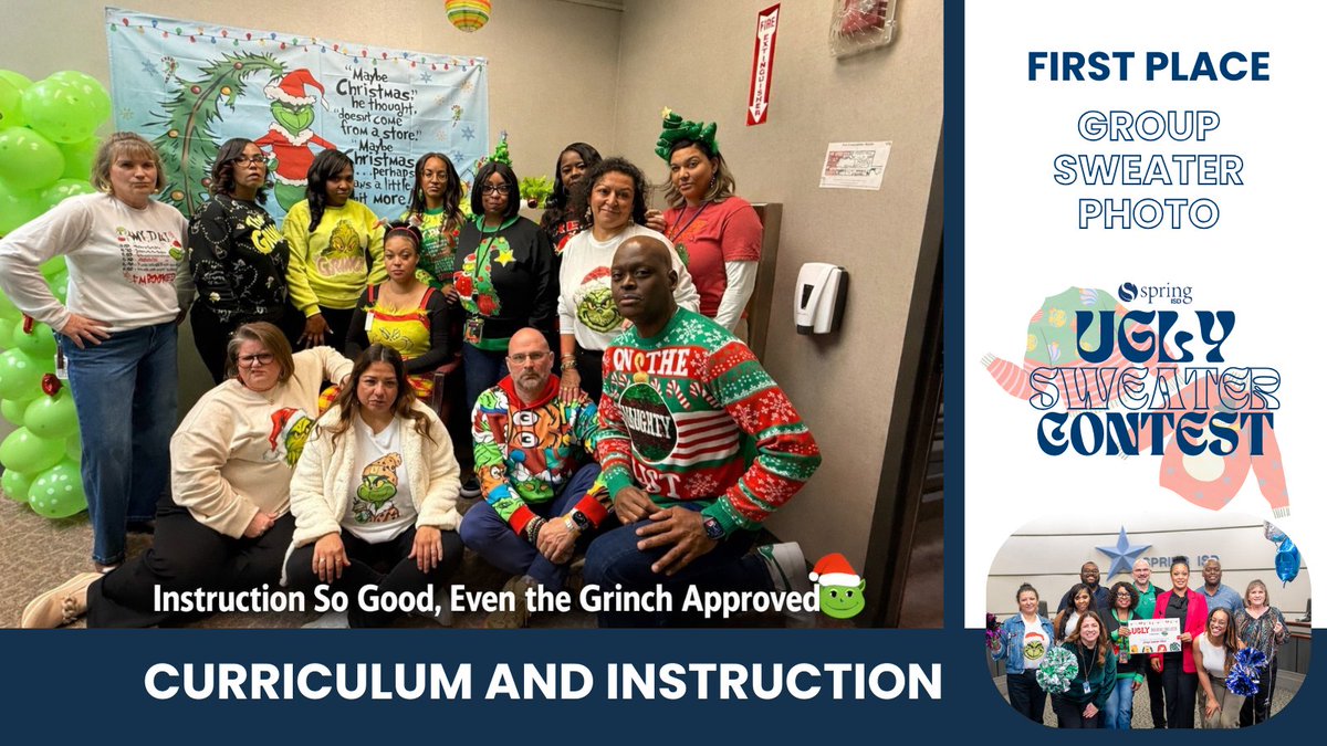 SpringISD's tweet image. Ugly sweaters, standout creativity. 🎄
Congrats to the 2025–26 Spring ISD Communications Ugly Sweater Contest winners:
🏆 Group Sweater Photo: Curriculum and Instruction
🏆 Best Ready-Made Sweater: Natalia Marrero, Technology
🏆 Best DIY Sweater: Evelia Hernandez, Winship ES
🏆…