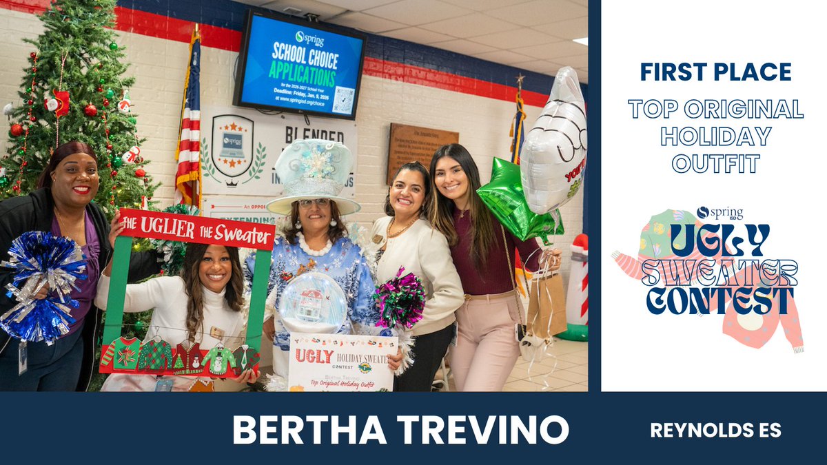 SpringISD's tweet image. Ugly sweaters, standout creativity. 🎄
Congrats to the 2025–26 Spring ISD Communications Ugly Sweater Contest winners:
🏆 Group Sweater Photo: Curriculum and Instruction
🏆 Best Ready-Made Sweater: Natalia Marrero, Technology
🏆 Best DIY Sweater: Evelia Hernandez, Winship ES
🏆…
