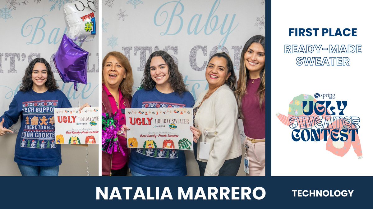 SpringISD's tweet image. Ugly sweaters, standout creativity. 🎄
Congrats to the 2025–26 Spring ISD Communications Ugly Sweater Contest winners:
🏆 Group Sweater Photo: Curriculum and Instruction
🏆 Best Ready-Made Sweater: Natalia Marrero, Technology
🏆 Best DIY Sweater: Evelia Hernandez, Winship ES
🏆…