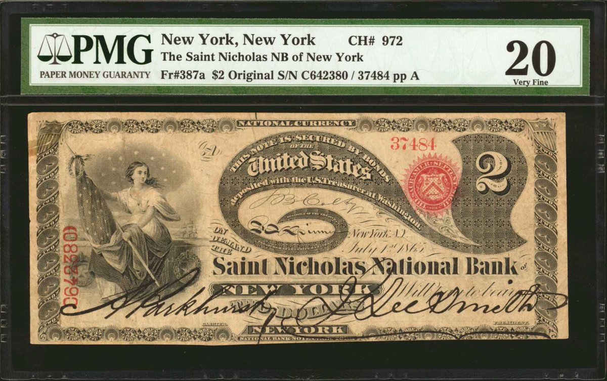 SPMC_1961's tweet photo. Society of Paper Money Collectors Presents the Note of the Day!
$2 Original Series The Saint Nicholas National Bank of New York, New York Ch#972
Fr. 387a
Photos Courtesy of Stack’s Bowers Galleries
#Noteoftheday #Societyofpapermoney #History #Christmas #christmas2025 #Holidays https://t.co/D5VLCEYL9v