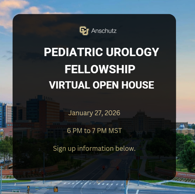 CU_Urology's tweet photo. Looking ahead to 2027? Discover our Pediatric Urology Fellowship at the virtual open house Jan 27, 6 PM MST. RSVP here: https://t.co/6CcWrgyxfR
#CU #SPU #AUA #PediatricUrology #Fellowship https://t.co/V1xAqHpqwA