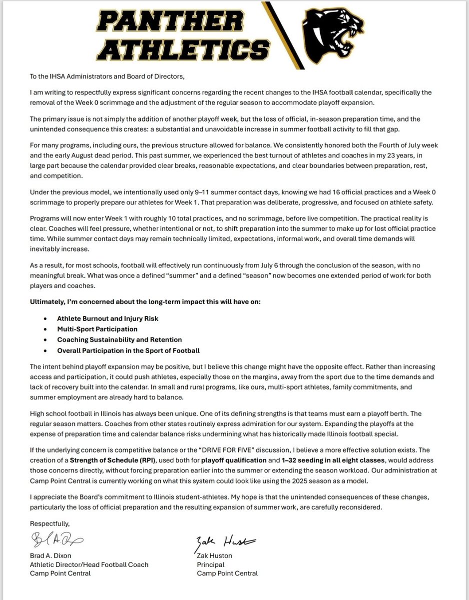 coachbdixon's tweet image. More Games. Less Practice. Longer Seasons.

The American Youth Sports Model.

My letter to the @IHSA_IL today about the concerns I have with the new Expanded Playoff model, and how I think we can fix the "Drive for 5" with an RPI instead. ⬇️⬇️⬇️
