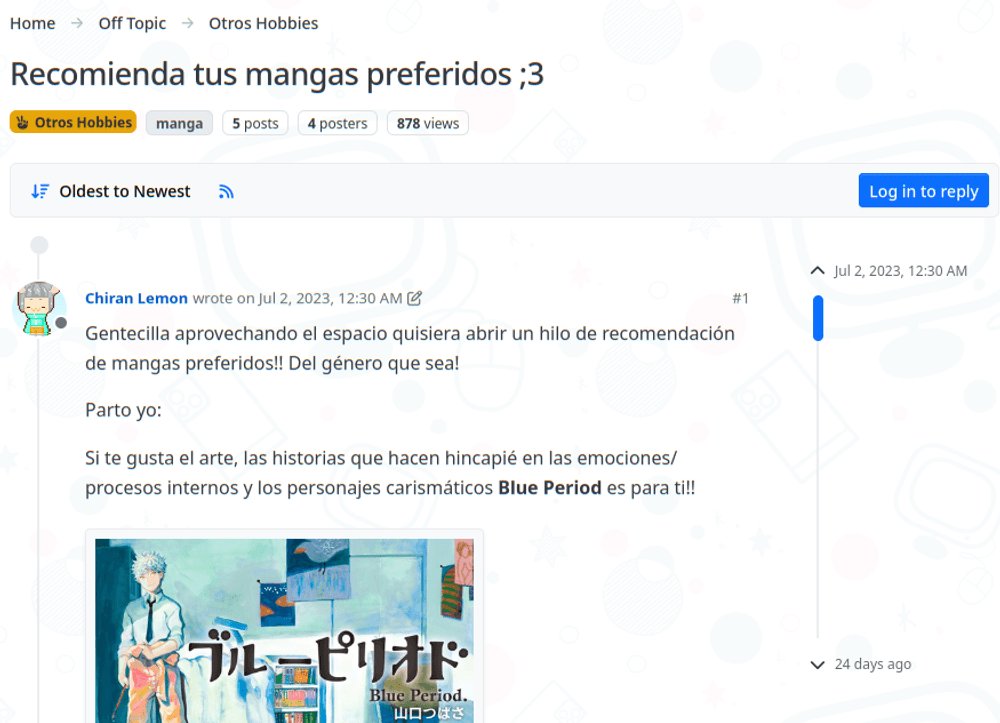 ¿Hay algún manga que no te puedas sacar de la cabeza?
En la sección de Otros Hobbies, puedes leer recomendaciones de otros Vtubers y dar las tuyas! También puedes compartir tu opinión si te animas a leer alguno de los mangas recomendados!
