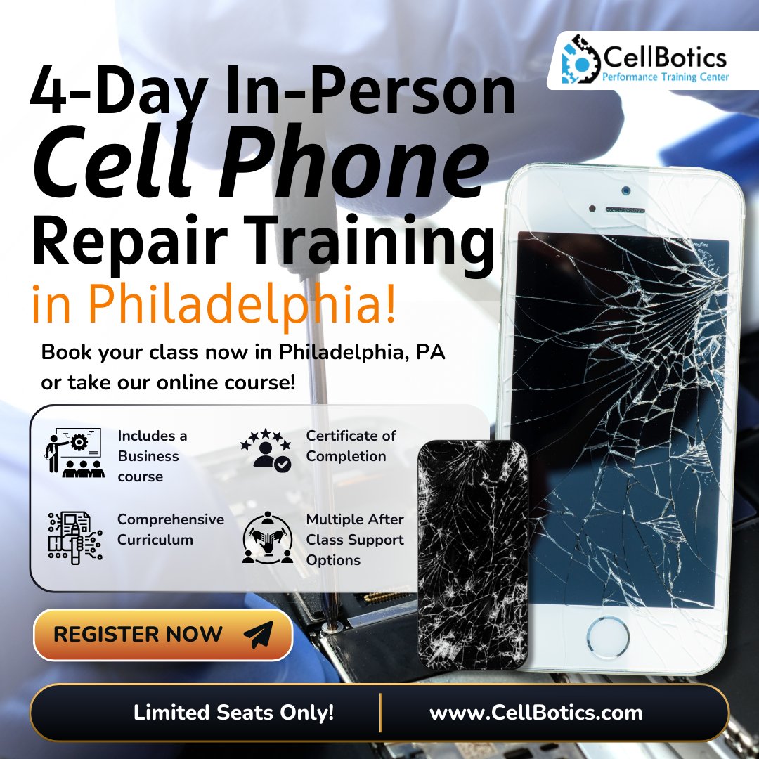 CellBotics's tweet image. Learn iPhone, iPad, and Android repair, and diagnostics, plus get a business course to launch your own venture with our 3-Day In-Person Cell Phone Repair Training in Philadelphia! 

#cellphonerepair #iphonerepair #techskills #beginnerfriendly #electronicsrepair #businesscourse