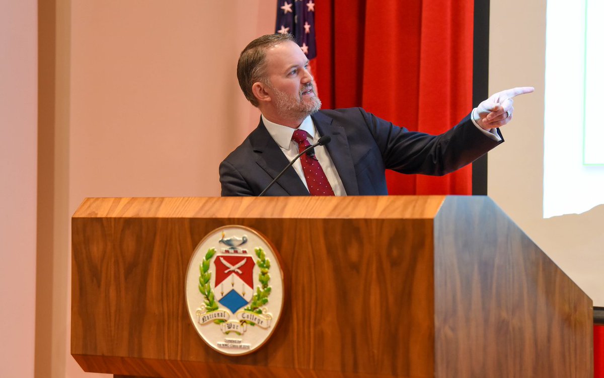 USTradeRep's tweet photo. Yesterday, Ambassador Greer spoke to over 500 students in the National War College and the Eisenhower School at the National Defense University on how to make international trade work for American economic and national security, unpacking the strategy behind President Trump’s pragmatic approach to balance our trade deficit, increase real median household incomes, and strengthen our manufacturing base.

@NWC_NDU | @NDU_EDU