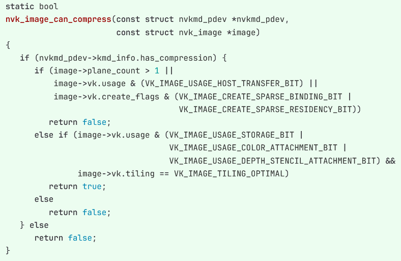 anki3d's tweet photo. Code snippet that shows when nVidia can use DCC compressed images and when it can't. Taken from a recent mesa PR https://t.co/DFGbfRIgWs