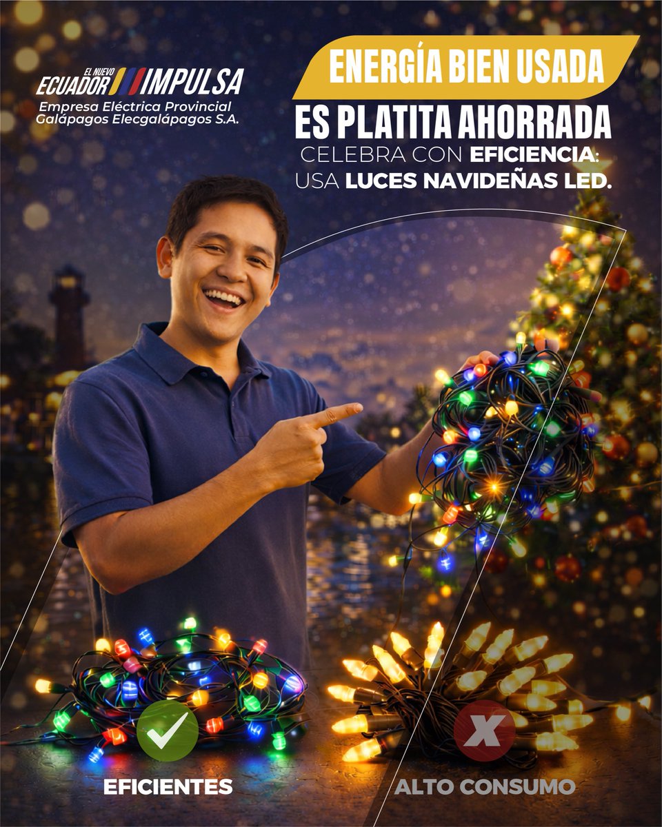 🎄💡 En estas fiestas, elige eficiencia.
Usar luces navideñas LED reduce el consumo de energía y cuida tu hogar.

En ELECGALÁPAGOS impulsamos un uso responsable de la energía, porque cada acción cuenta para un futuro sostenible en Galápagos. ⚡🌱

#ElNuevoEcuadorImpulsa