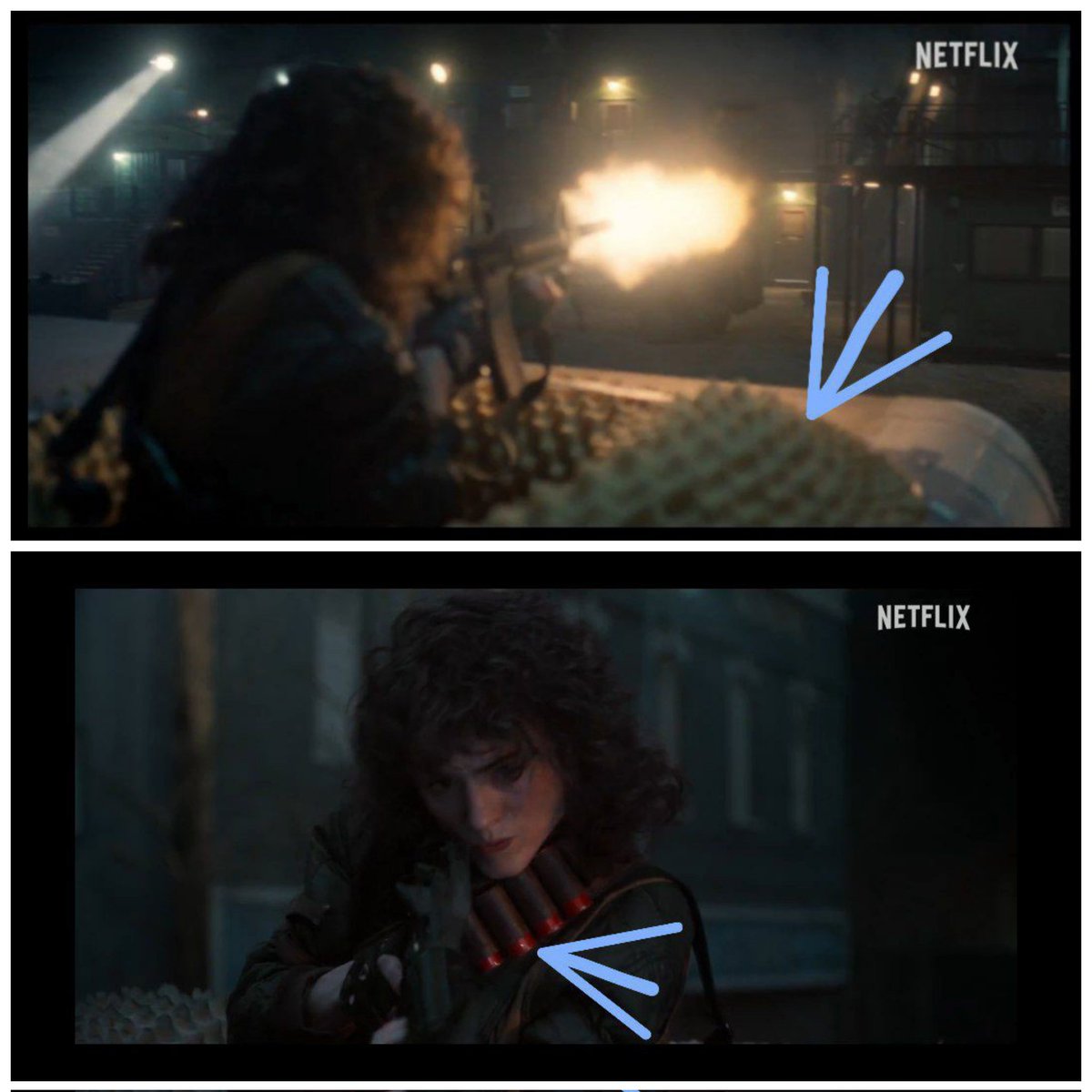 ari4dnaem's tweet photo. Has anyone noticed that they're all in the same truck? The shelving, the scratch from the demogorgon, the ladder for Nancy, and the upholstered upholstery.  Robin,Lucas,Will,Dustin,Steve,El,Mike, Nancy,Murray are there, respectively. And they're going to a military base https://t.co/zRiU9if6tx