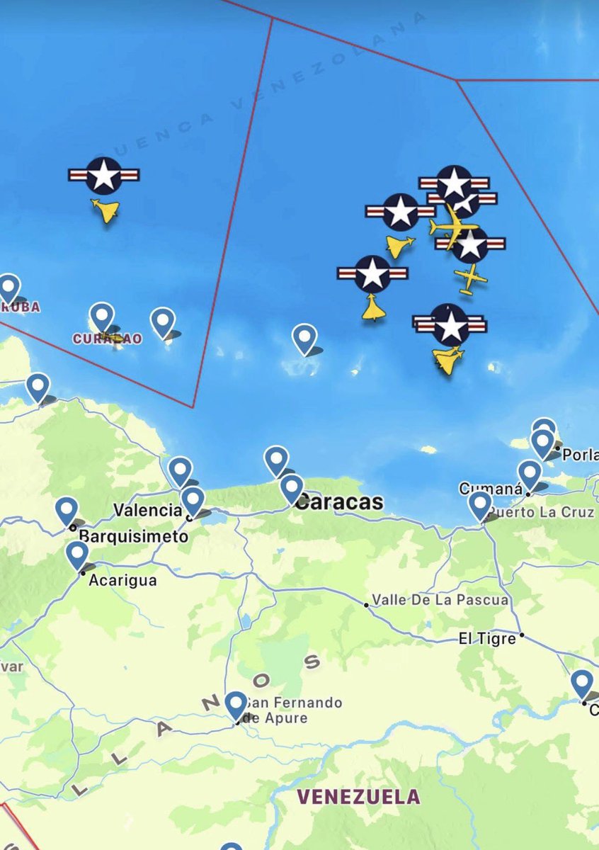 Jhonffonseca's tweet photo. 🚨Última hora: 8 aviones militares en el FIR maiquetia a pocos kilómetros de Caracas 

3 F-18 Super hornet 
2 Boeing EA-18G Growler
2 grumman E-2D advanced
1 E-3C Sentry 

Tensión en Miraflores🔥 https://t.co/bvwhinwqWM