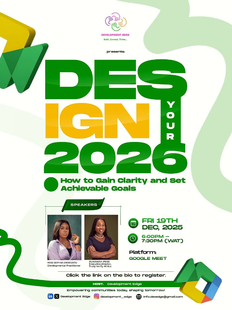 Many young people are ending the year drained &amp; unsure of their next steps.
That’s why we’re hosting #Design_Your_2026
Join Sophia &amp; <a href="/ruhamah_ifere/">Ruhamah Ifere</a> as they share practical frameworks for clarity, discipline &amp; consistency.
Dec 19, 2025 |6–7:30 PM
Register
forms.gle/RSBiokZjpUTDnw…