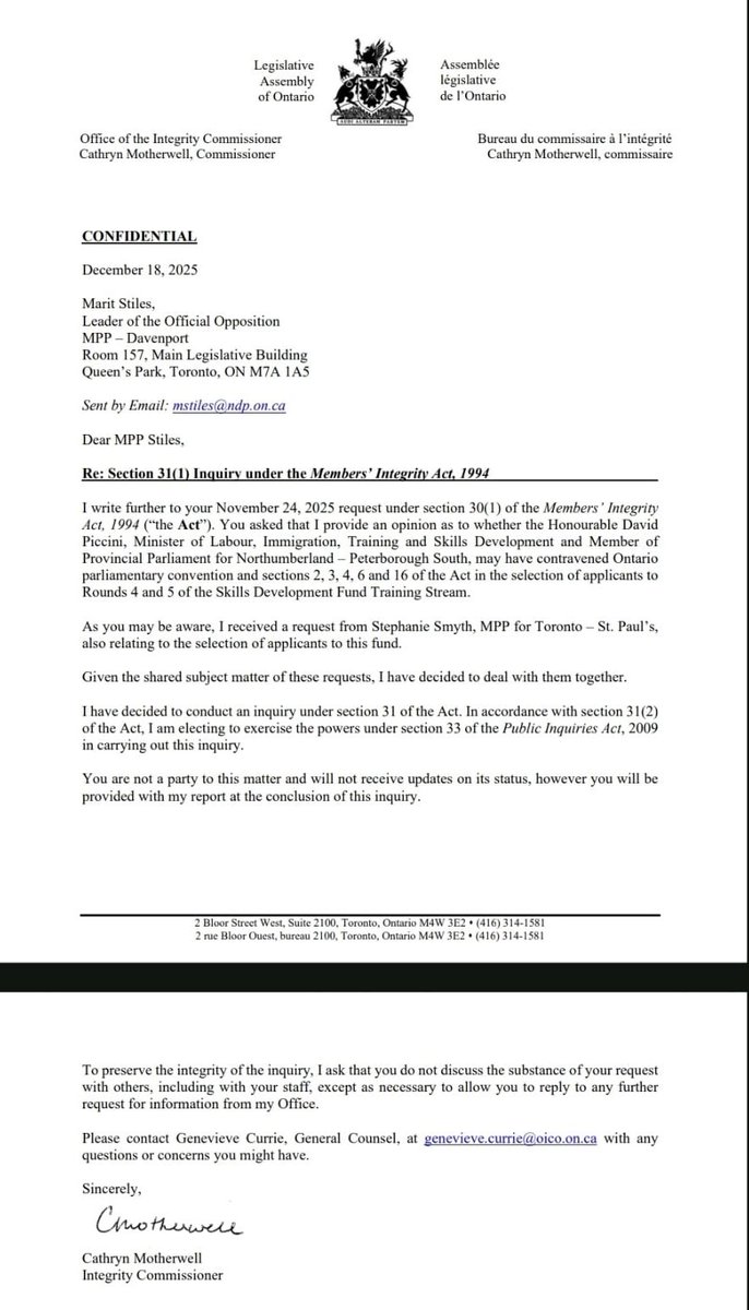 #BREAKING - The Integrity Commissioner will launch an investigation into whether Labour Minister David Piccini broke the ethics laws over the handling of the skills development fund.