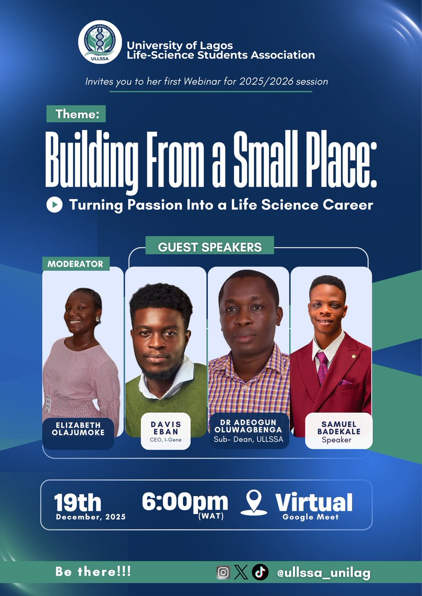 If you're a first year student of <a href="/ullssa_unilag/">ULLSSA</a> join my friend <a href="/SBadekale/">Samuel Badekale</a> and I will discuss relevant topics in Life Science.

#lifescience #science #unilag