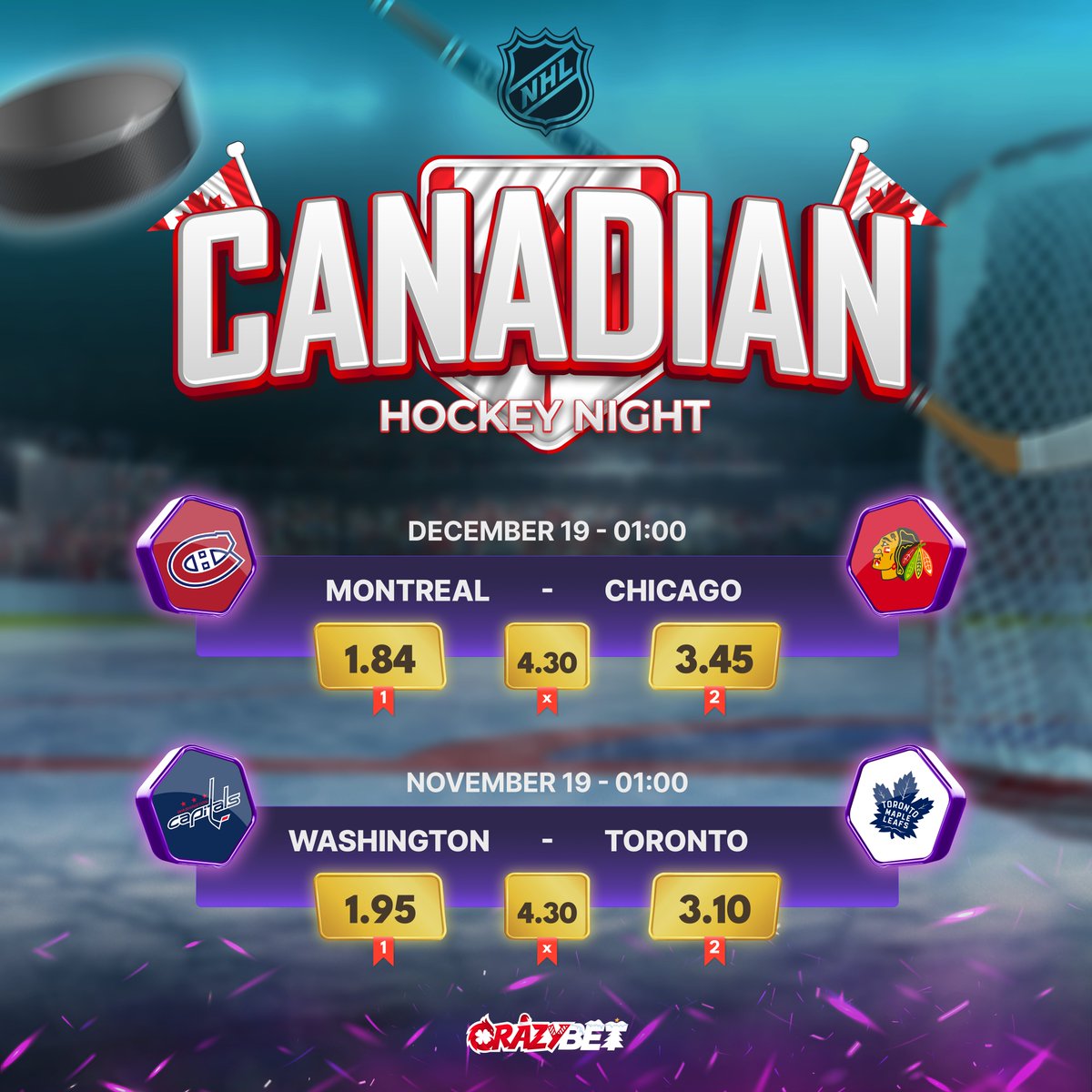 Canadian Hockey Night 🇨🇦🏒

Montreal vs Chicago and Washington vs Toronto - How many total goals drop across both games? 🔥

💰 25€ for 1 winner who hits the exact total goals (both games combined)

To enter: follow us + reply with your total goals prediction &amp; username 👇 #NHL