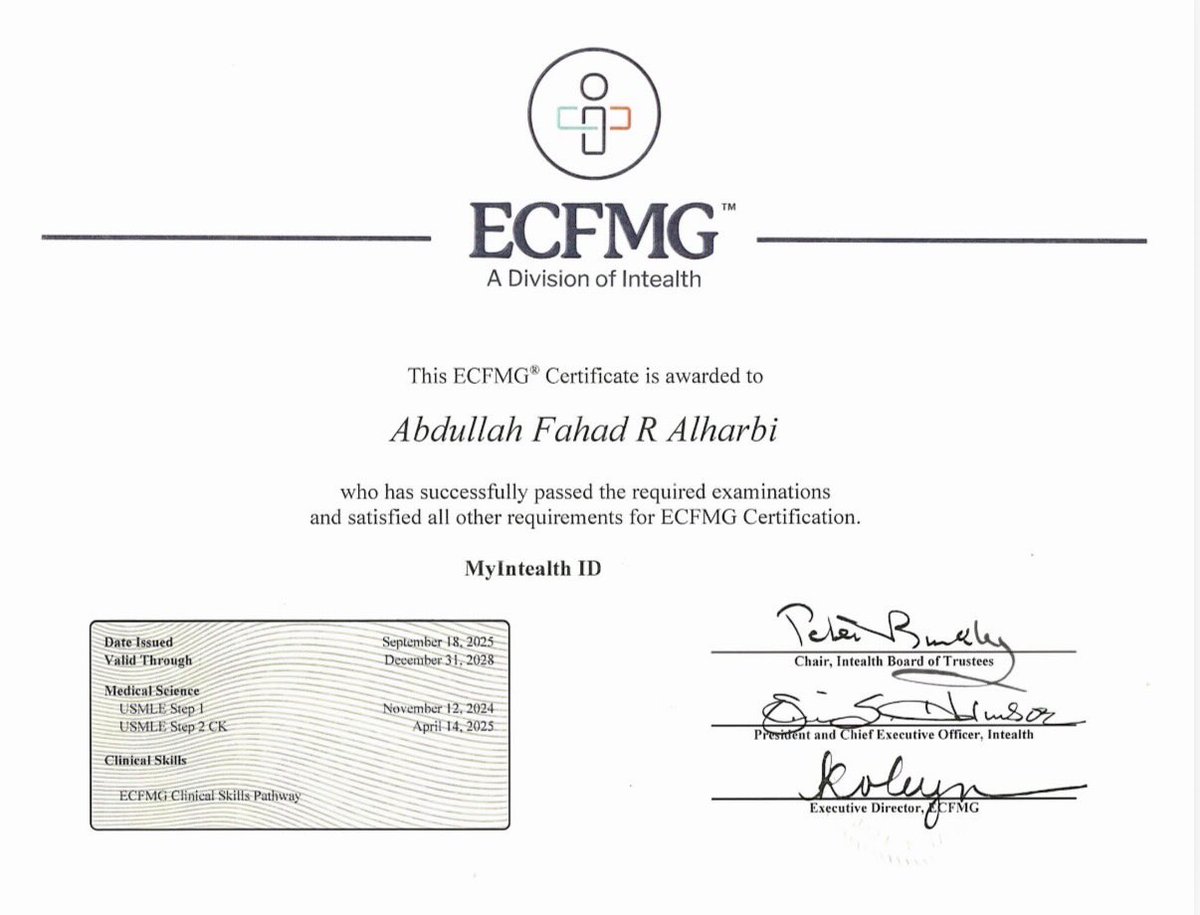 abd_1776's tweet image. اللهم لك الحمد حتى ترضى، ولك الحمد إذا رضيت، ولك الحمد بعد الرضا ✨

بالأمس انتهى ماراثون امتد لـ 15 شهرًا، كانت حصيلته:

USMLE Step 1 🇺🇸
USMLE Step 2 (264+) 🇺🇸
USMLE Step 3 🇺🇸
MCCQE 🇨🇦
OET 🇦🇺
ENT Part 1
Promotion to R2

فالحمد لله على التمام والكمال 🤍