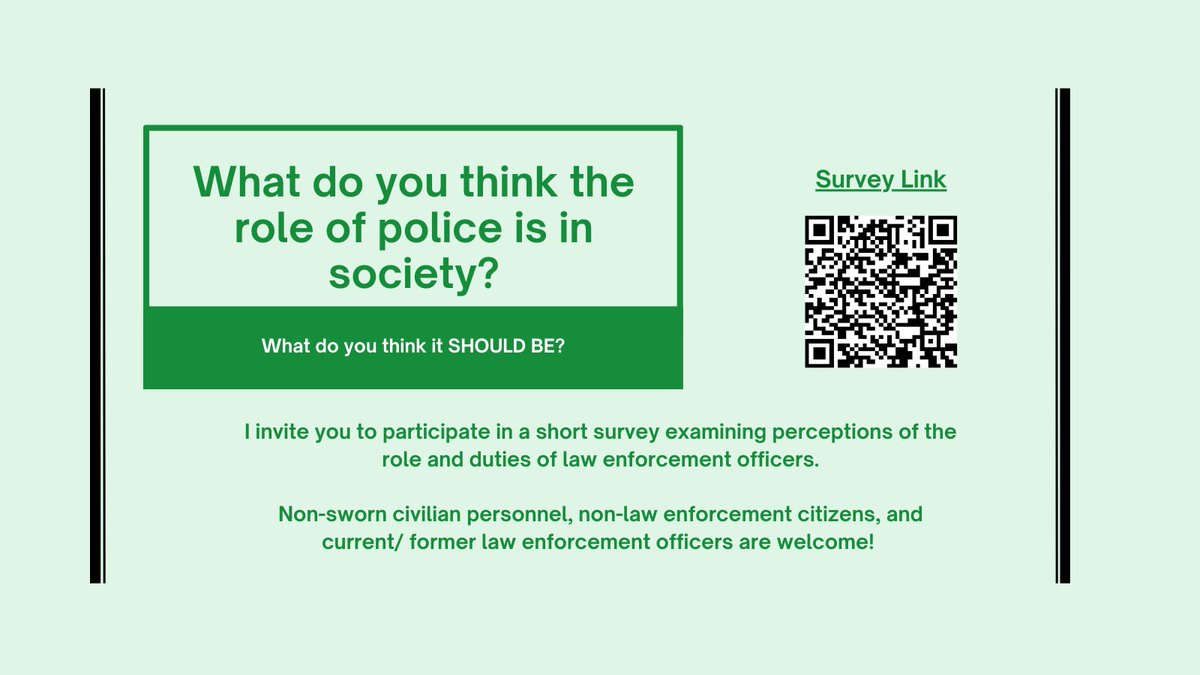 Share your thoughts on the role of policing &amp; perceptions of police duties in this super short survey! Open to anyone and everyone. Please share widely! QR code included in the image &amp; link below. <a href="/EBpolicing/">Evidence-Based Policing</a> <a href="/30x30initiative/">30x30: Advancing Women in Policing</a> 
<a href="/txst/">Texas State University</a> <a href="/kdamp/">𝙺𝚎𝚕𝚕𝚢 𝙳𝚊𝚖𝚙𝚑𝚘𝚞𝚜𝚜𝚎</a> 
bit.ly/4ahjmvt