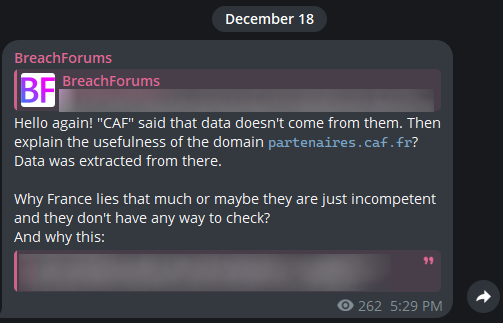 🚨🇫🇷 BreachForums provides a comment on the CAF leak